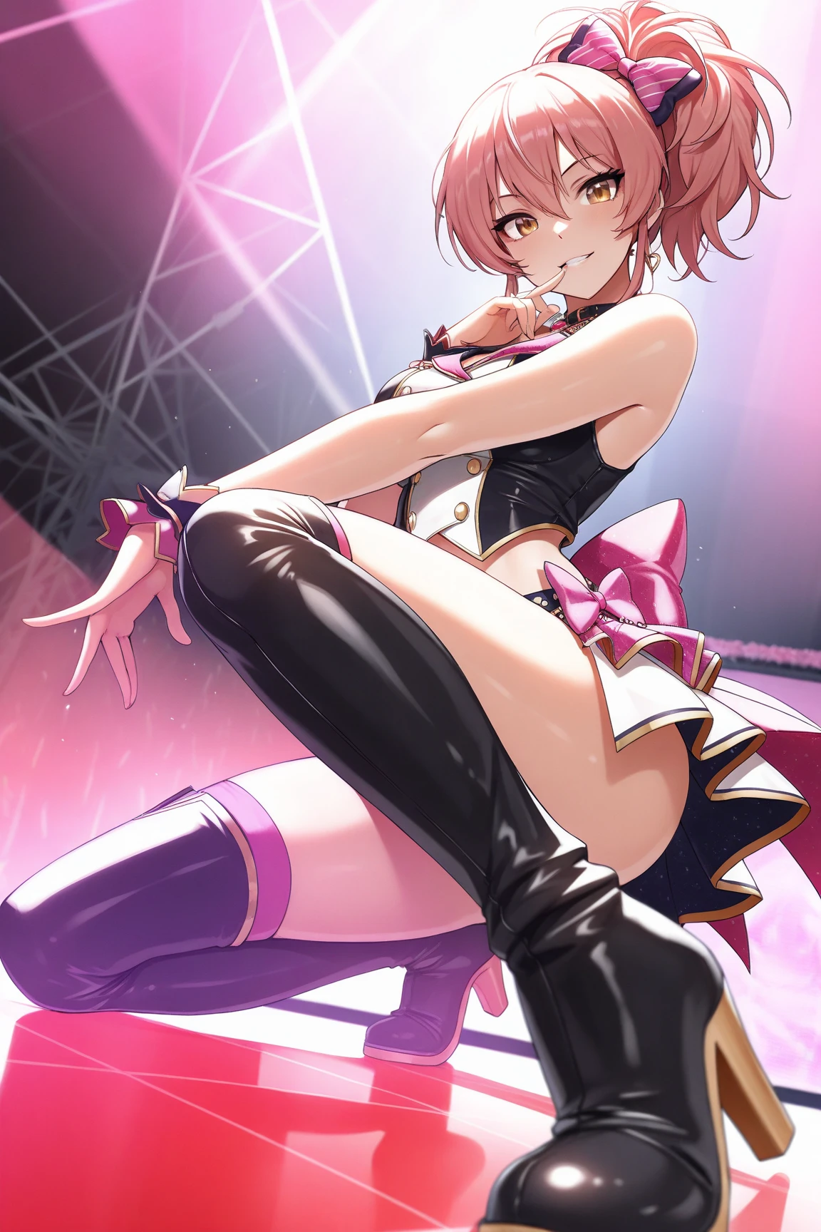 ((highest quality, 8K, Idol Master: 1.3, RAW photo)), sharp focus 1.1),Haruka Amami,alone, cute face, highly detailed face, green eyes、Brown Hair Bob,highlight,small smile, (Idol Costume 1.5), concert hall, (Show pink lace panties:1.1), from the front, idol boots,whole body