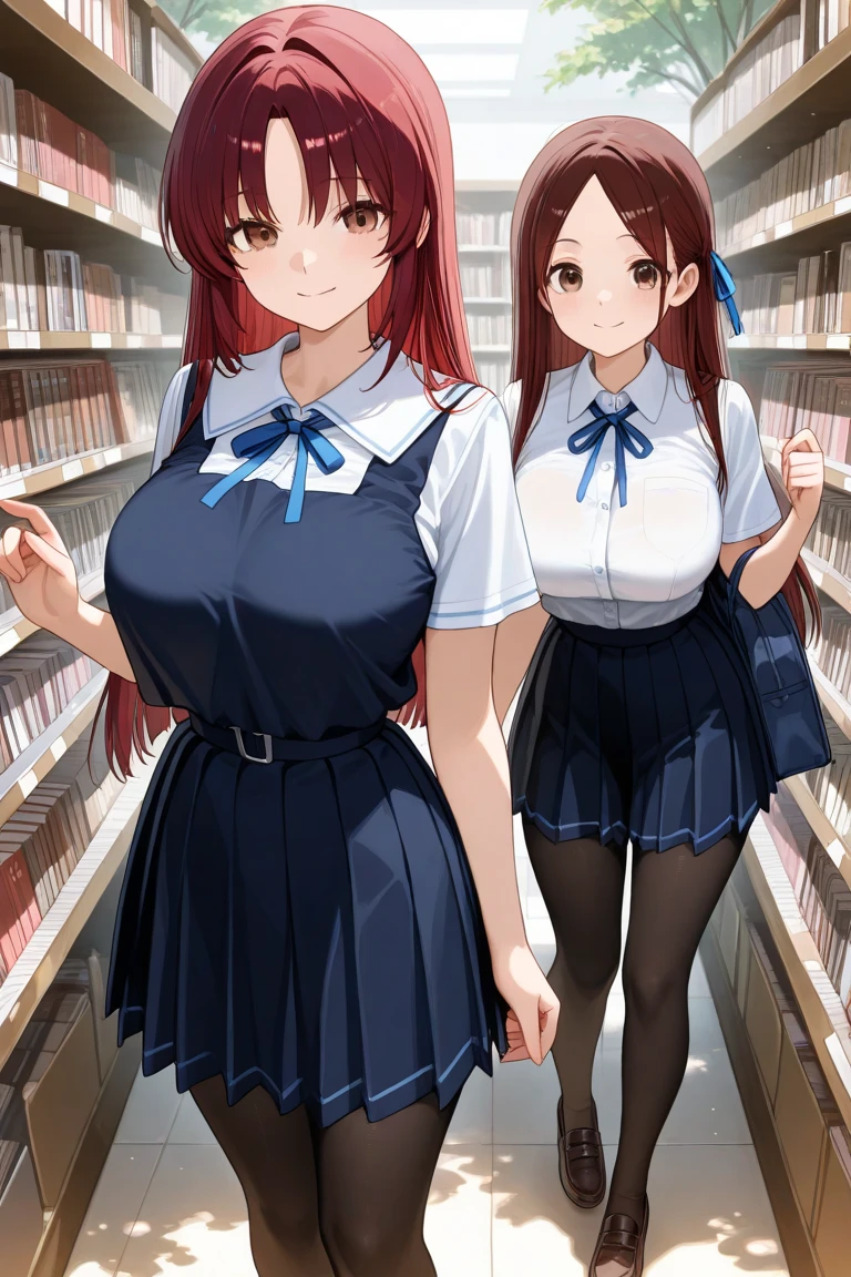 nakano nino, short hair, medium breast, slim legs, happy, cleavage, short skirt, navel, blue eyes, school uniform, thigh high socks, stand, library, pink hair