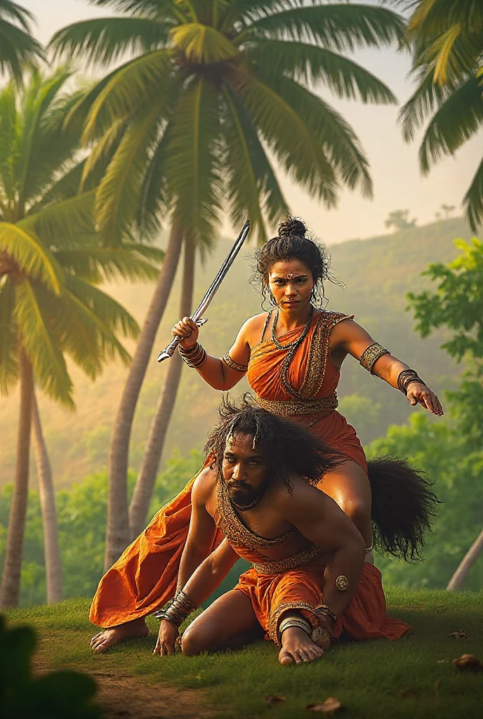 Kalaripayattu woman with sword on one hand above head and shield in the other hand, raising from the ground with warrior pose and one leg stretched and has very fierce eyes, fit body and long thick hair, facing the audience in temple background