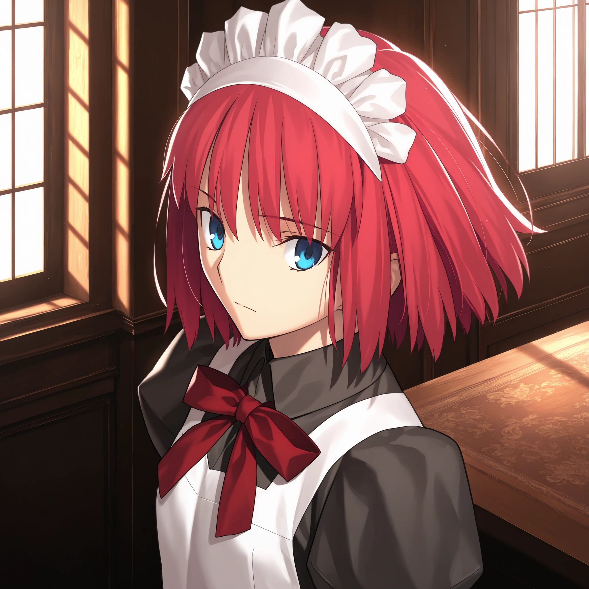 masterpiece, , absurdres, highres, detailed background, high resolution, masterpiece, necessary, detail, best quality, quality, necessary, details, High details, Precise, dark, indoors, from above, day, close up face,
1girl, , Takeuchi Takashi (type-moon,tsukihime) style, takeuchi takashi style, , listening,
girl, (hisui (tsukihime), light blue eyes, red hair, short hair, bob cut, maid headdress, neck ribbon, red ribbon, juliet sleeves, maid, maid apron, collared dress), (tsurime), upturned eyes, ( ), floating hair , expressionless, ,
(black dress shirt, white apron), , dark red ribbon, small breast, flat chest, , looking back, ,