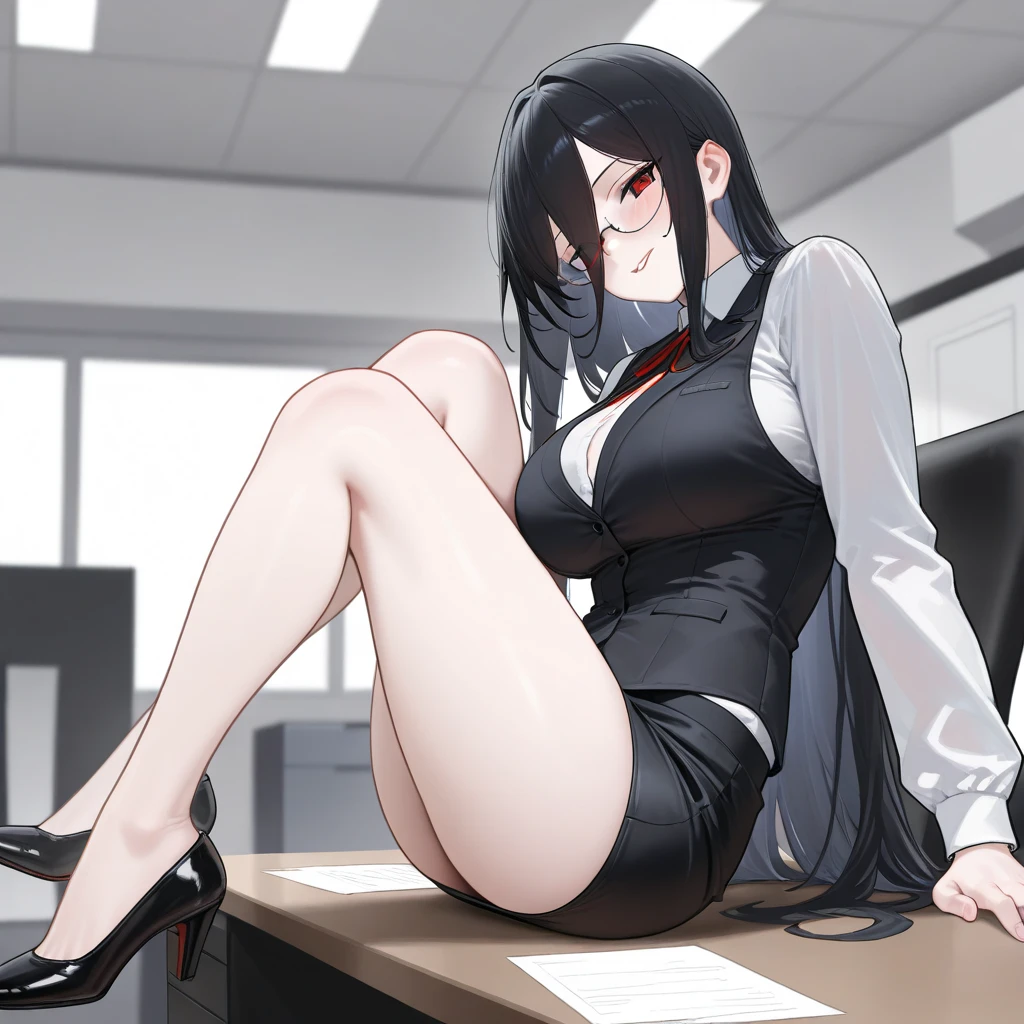score_9, score_8_up, score_7_up, rating_explicit, source_anime, uncensored, sweat, 1girl, manhattancafe, ahoge, horse girl, horse ears, thick arms, thick thighs, big ass, massive breast, big lips, black bra, black panty, sweaty, glasses, white shirt, black blazer, black pencil skirt, pussy juice, higheels, standing, crossed arms, angry, ((disgust)), pov, background office,