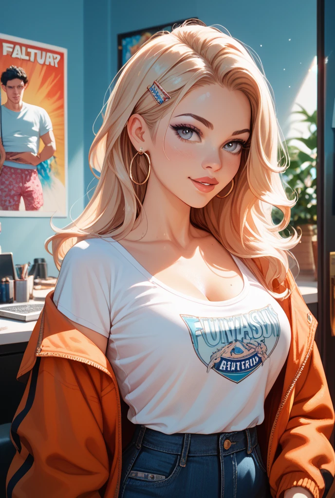 1girl, dirty blonde hair, long hair, grey eyes, cute face, cute, green clothing, revealing, big chest, bra, bikini