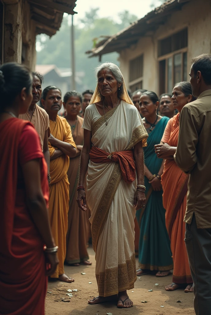 In india a pour lady dancing hanging her child, 
Standing on home near garden, many young old lady see him, wearing Shari blouse blue colour,  and a ritch women see out of doors 