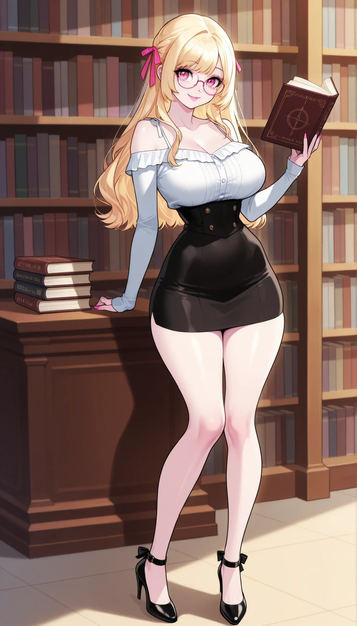 A young-adult beautiful cute woman with long silky pale-blonde hair, big pink eyes, pink lips, pink nails, extremely fair white natural skin, an extremely small waist, slightly wide round hips, slightly big breasts, and an insanely perfect hourglass figure. She's only wearing a black waist-fitted top with thin spaghetti straps and a lacy V-neckline, a flared-out check mini short skirt, spectacles, a hair ribbon on the side, and strappy high-heels. She's cutely holding up a book, smiling, standing, and is in a library. Show her full body and super hyper-detailed.