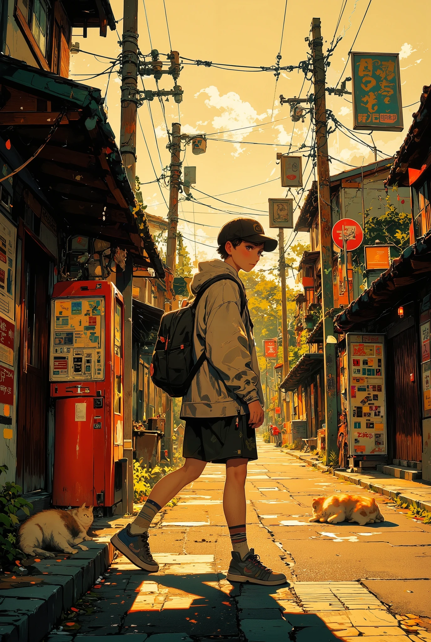 Side view of a elementary boy walking along a narrow street in a small Japanese countryside town during the late Showa era, around the 1980s. He is wearing casual retro-style clothing — a slightly oversized light gray hoodie, faded knee-length shorts, and classic sneakers. A black randoseru backpack is strapped to his back, and a cap is worn backwards on his head, tilted slightly. His posture and stride clearly show motion, one foot mid-step, arms swinging naturally. The background features nostalgic Showa-era scenery: wooden telephone poles with tangled wires, retro shop signs with old kanji fonts, a mom-and-pop store with a cloth noren curtain hanging over the entrance, a rusty vending machine with faded labels, and a bright red cylindrical post box near a corner. A chubby cat stretches on the sidewalk, basking in the fading sunlight. Warm orange and golden tones dominate the scene, with long shadows cast across the cracked asphalt road. The buildings have traditional tiled roofs, aged wood paneling, and subtle signs of wear. A few posters for 1980s products or movies can be seen peeling on walls. The overall lighting is soft and cinematic, evoking a deep sense of nostalgia and tranquility. The art style is detailed anime-inspired with soft outlines, a hand-painted look, and warm analog tones. The side-angle composition captures the walking motion naturally, as if frozen in time, emphasizing the peaceful, nostalgic rhythm of rural after-school life in Showa-era Japan.((elementary boy)) ((elementary boy)) ((elementary boy)) ((elementary boy)) ((elementary boy)) ((elementary boy)) ((elementary boy)) ((elementary boy)) ((elementary boy)) ((elementary boy)) ((elementary boy)) ((elementary boy))