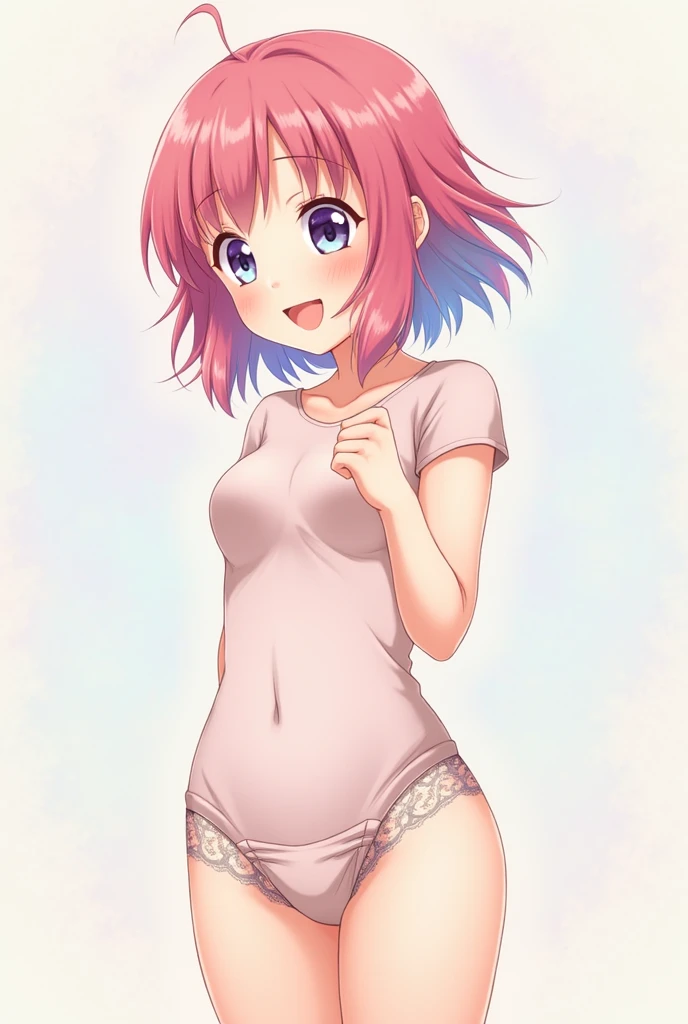 1 Girl, Small Breasts, Green Eyes, Heart Eyes, Deep Red Hair, Short Hair Style, Pale White Skin, Smooth Skin, Face Freckles, Slutty, Sexy, Sassy, Smirking, Tease, Teasing, Teasing, Sexy Pose, Young Girl, Very Small Girl, 8 Years Old, Cute Pink Dress, Bending over, showing ass, Wearing Diaper