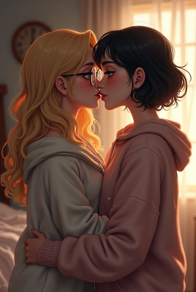 one girl burnette with straight short hair kissin a white girl with glasses and wavy hair