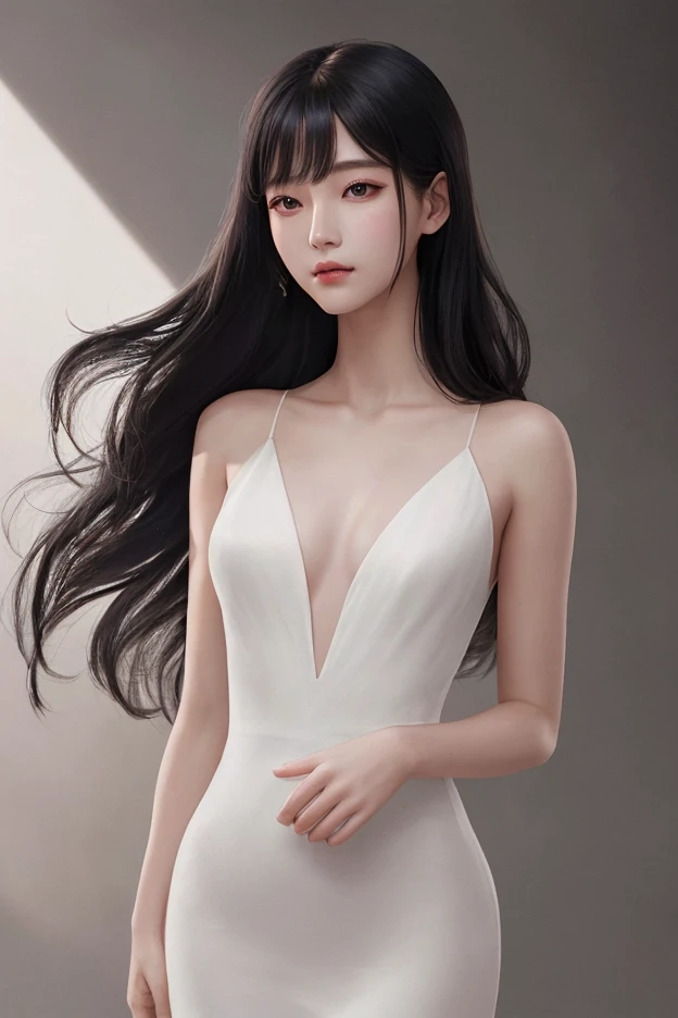 (Very delicate and beautiful:1.2)Supermodel,,Big Breasts,Beautiful breasts,Tight waist、Small Ass、Sensual,highest quality, High resolution, 8k,, Sharp details, White floral lace dress、21 years old、smile、Slim figure、Black Hair、Long Hair、bangs