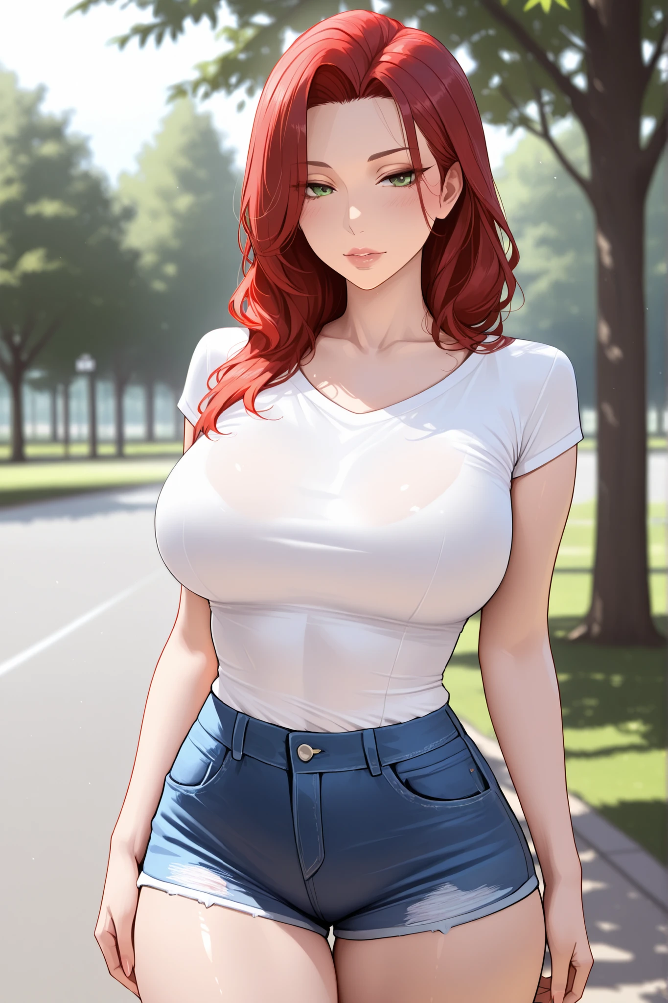 Female, Elegant red hair, green eyes, seductive look, white T-shirt, blue denim shorts, full lips, in a park, athletic body, model body, slim waist