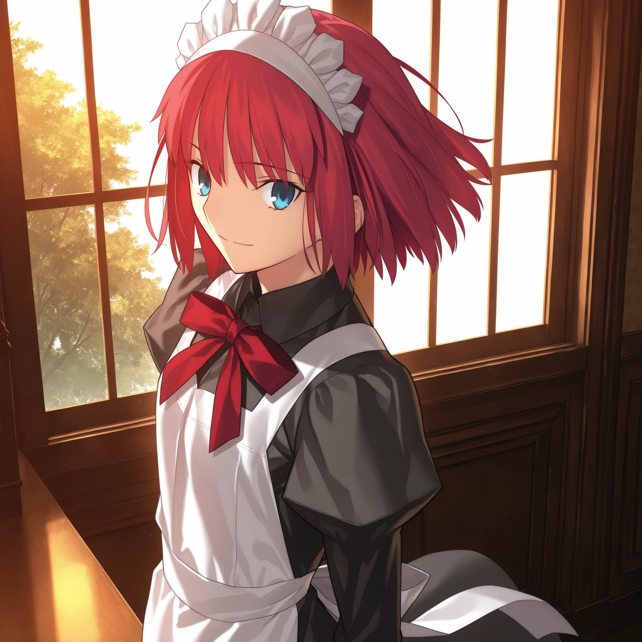 masterpiece, , absurdres, highres, detailed background, high resolution, masterpiece, necessary, detail, best quality, quality, necessary, details, High details, Precise, dark, indoors, from above, day, close up face,
1girl, , Takeuchi Takashi (type-moon,tsukihime) style, takeuchi takashi style, , listening, very light smile,
girl, (hisui (tsukihime), light blue eyes, red hair, short hair, bob cut, maid headdress, neck ribbon, red ribbon, juliet sleeves, maid, maid apron, collared dress), (tsurime), upturned eyes, ( ), floating hair , expressionless, ,
(black dress shirt, white apron), , dark red ribbon, small breast, flat chest, , looking back, ,