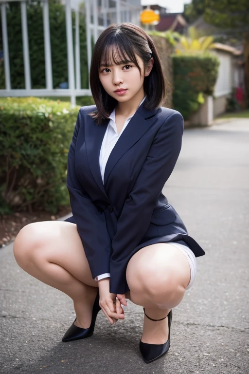 Highly detailed CG Unity 8K wallpaper,highest quality,super detailed,masterpiece,realistic,Photoreal,bright lighting,Highly detailed cute girl,17 years old,innocent big eyes,detailed eye,(brown hair),(short hair),(bangs),perfect skin,shiny skin,pure white skin,fine skin,big and full breasts,((perfect anatomy,nice hands,perfect hands,five fingers connected to the palm,Accurate needle with no discomfort)),show off panties、((panty shot))、(Japanese girls&#39; high school uniform))、positive、((dynamic pose)))、((sitting on the floor grasping her knees))、((Sit on concrete stairs))、garden、mini pleated skirt、blazer