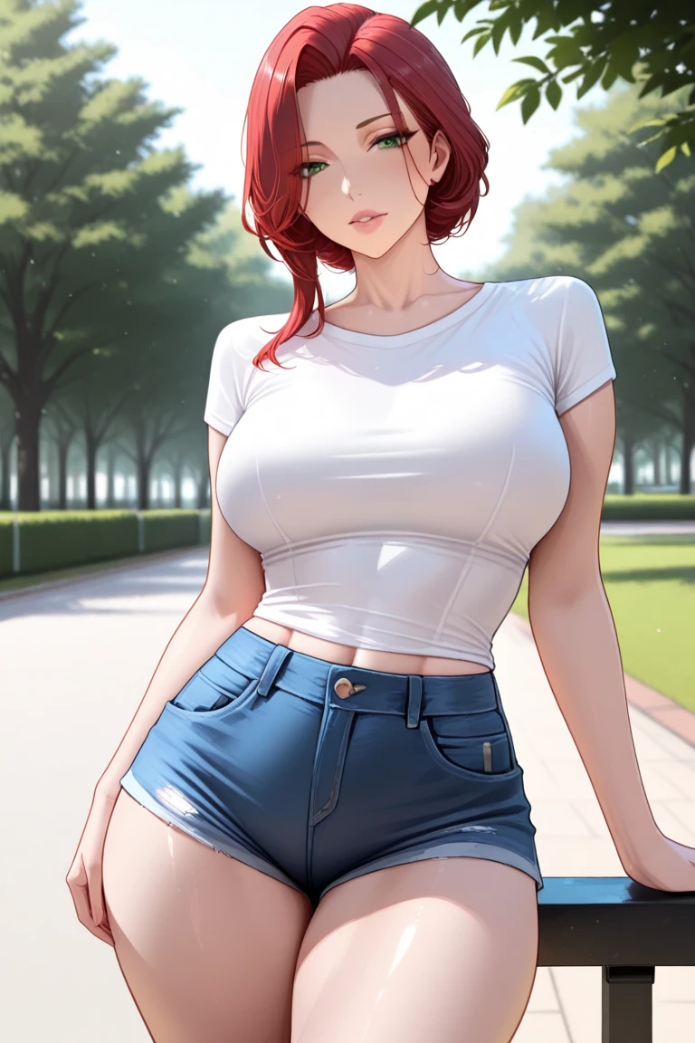Masterpiece, stunning realistic, best quality, Sharpness, 1 girl, big ,red hair,straight hair,bobcut,red eyes,standing in a beatiful garden with an sea,big ,blush in face,red face, cute smile,closed mouth,arms behind head,Knitted Sweater,skinny jeans