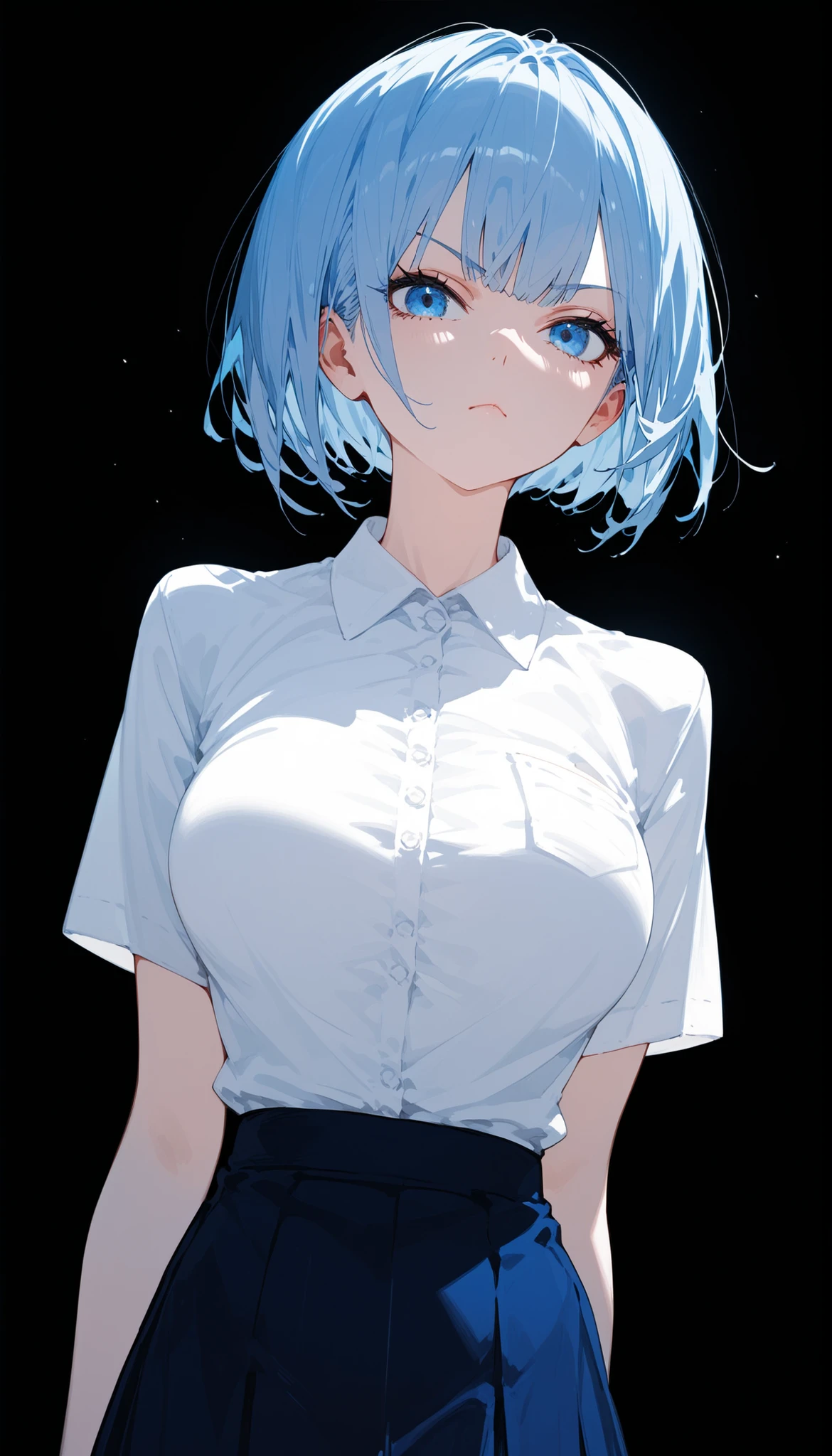 girl,Light Blue Hair, in blue eyes,,,big breasts,slim,,black background,White Shirt, botton up,Anime,student,short hair,white shirt,long skirt,serious page
