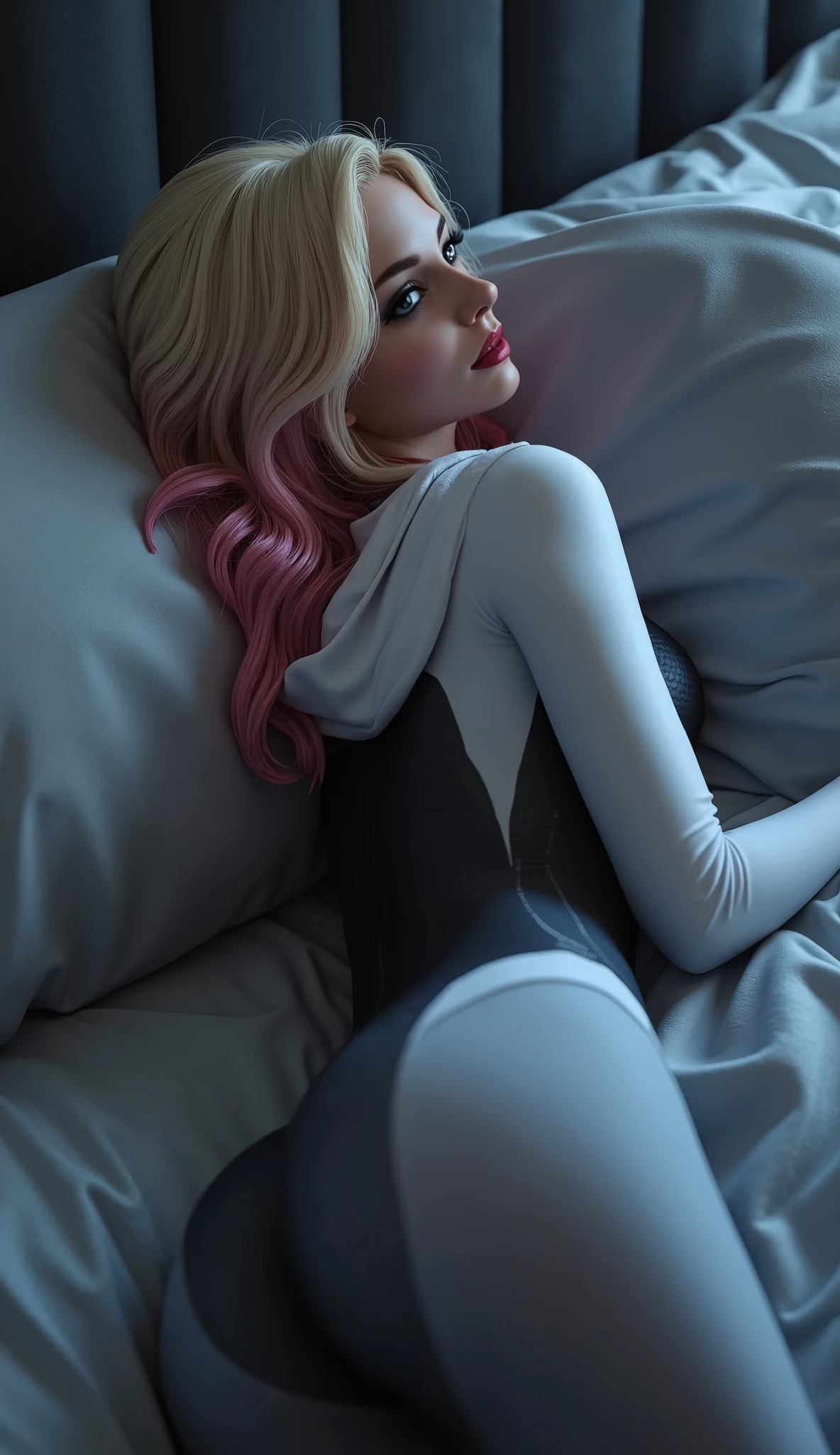 close up,high view,From above,The dark, cool color,1girl,Spider-Gwen , Not wearing a mask , side lying on the bed,side face,The picture focuses on her mouth and chest,Big , Soft Pillows,Blonde hair and pink hair , short hair , Wave Hairstyle , Young , perfect body , Tight Costumes , red lips , Small waist , white hoodie , Round butt ,black seamless underwear,back of view,sleep,Real light and shadow,8k,cinematic lighting,high resolution, masterpiece, best quality