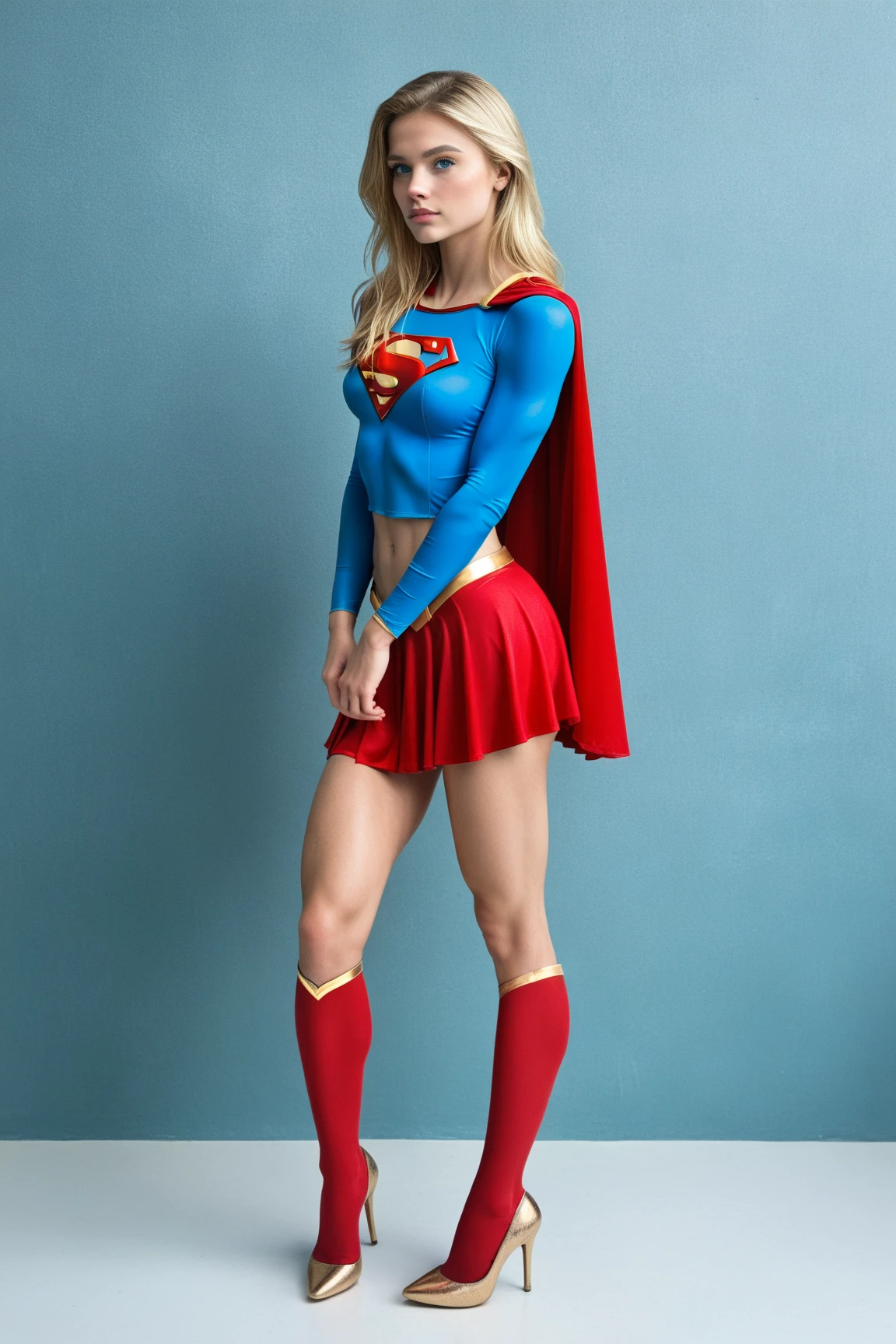 full view of A SEXY TEENAGE FEMALE WITH PEARL BLUE EYES AND LONG MESSY HAIR WEARING A CLASSIC BLUE SUPERMAN LONG SLEEVED CROP TOP COSTUME, A SHORT RED PLEATED SKIRT WITH A YELLOW, HIGH HEELED BOOTS, AND RED SUPERMAN CAPE WITH YELLOW TRIM. large breasts, incredibly detailed skin and eyes, seductive poses, 8K resolution, masterpiece, ultra-detailed, realistic, photo-realistic, vivid colors, dramatic lighting, cinematic composition