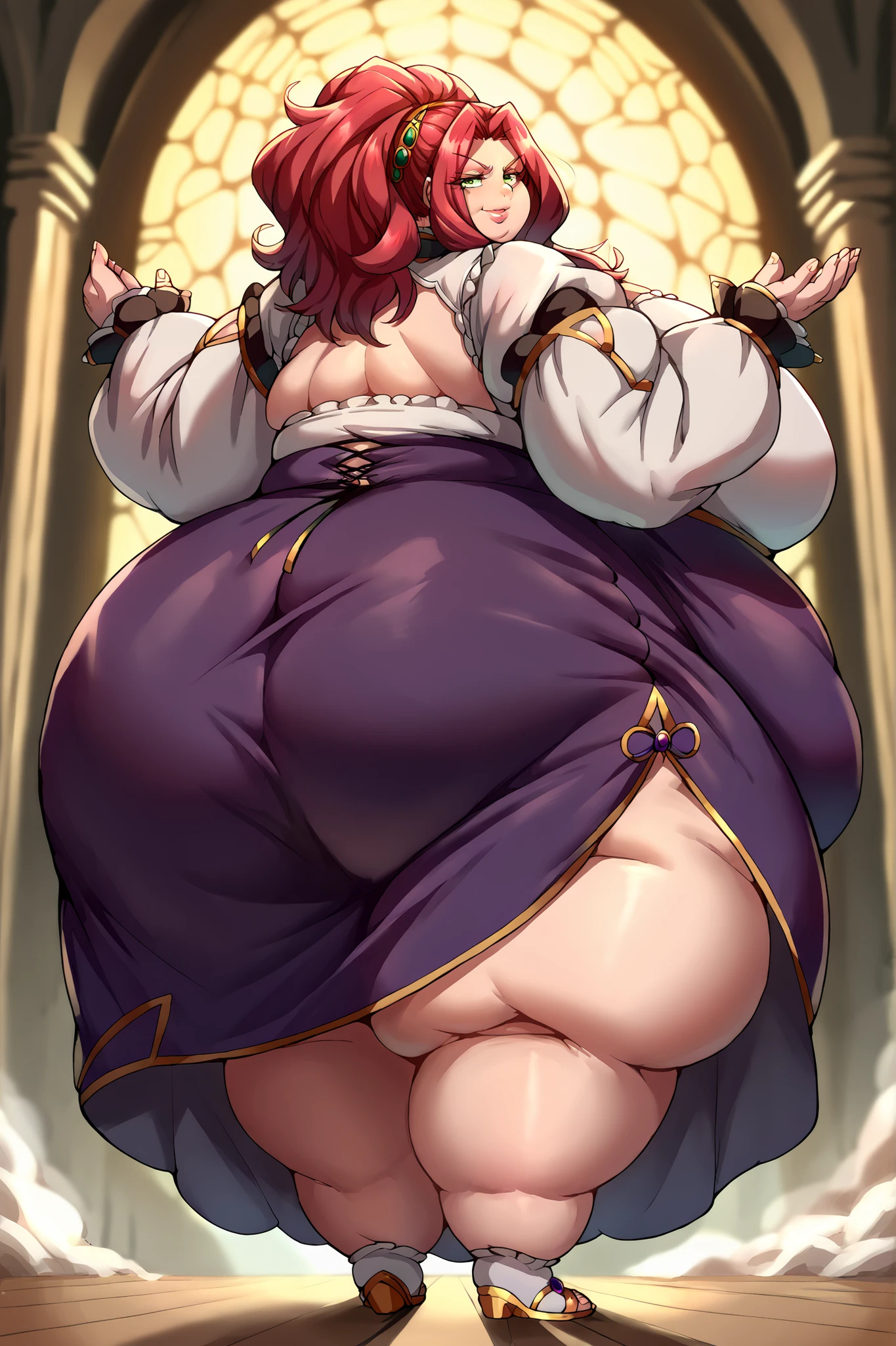 score_9, score_8_up, score_7_up, source_anime, malty melromarc, long hair, green eyes, red hair, parted bangs, ponytail, long sleeves, dress, jewelry, frills, puffy sleeves, wide sleeves, crown, smug smile, giant hands, giant feet, fat, chubby, obese, gigantic arms and legs, gigantic breasts, sagging breasts, full body shot, fat face, chubby face, double chins, big lips, back view
