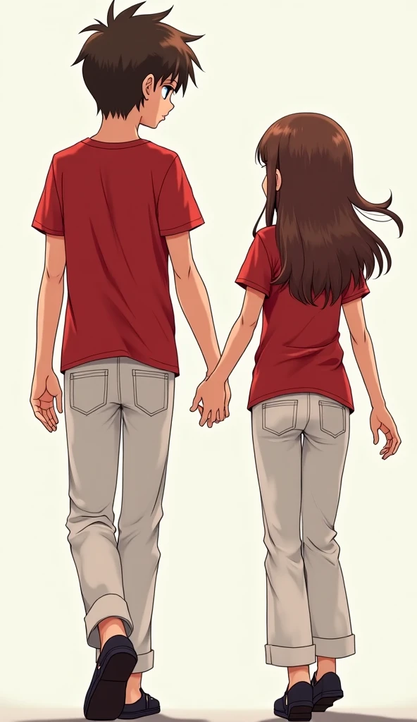 Make me a picture of a girl with wavy hair, of white skin test, with a navy blue school sweatshirt and a navy blue sweatpants sweatshirt as well and his teacher standing next to him tall with grey jeans and a navy blue jacket so that the image can be seen from behind, that is, they are turned around