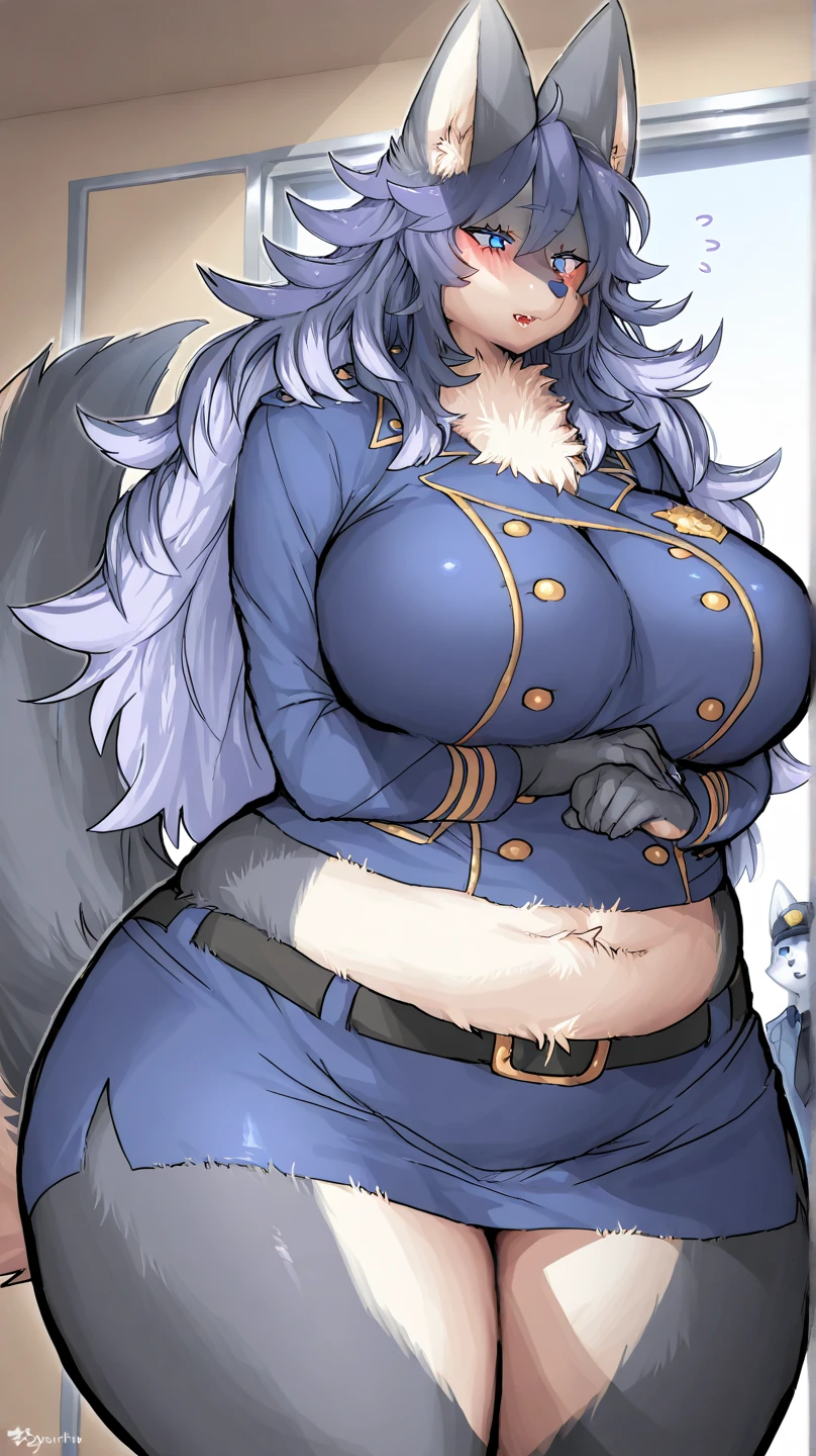 (masterpiece, best quality:1.3), Fisting Madam, Soft Lineart, 1girl, solo, looking at viewer, mature female, wide hips, thick thighs, seductive smile, <lora:Fisting Madam Style Lora:.8>, maid outfit, Twintails, blushing, long hair, silver hair, pointy ears, medium breasts, blue eyes, cleavage, simple background
