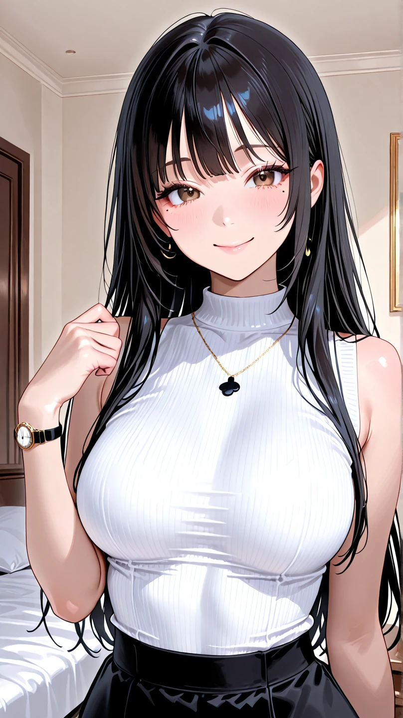 masterpiece,ultra detailed,1woman,off-the -shoulder short summer blouse,pattern skirt,standing,at tokyo,curvy body,medium straight hair,cute japanese gravure idol,black hair,(tareme),happy smile,oval face,make up,