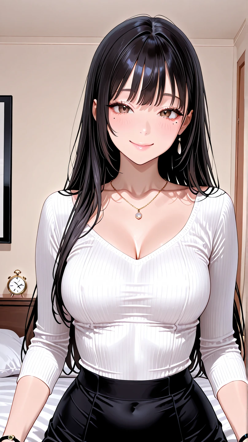  hot  beautiful cute milf ,long black hair,  hair  between eyes,  butterfly  earrings , red lipstick ,perfect body , detailed black eyes, big breasts, off shoulder sweater huge breasts,bare legs