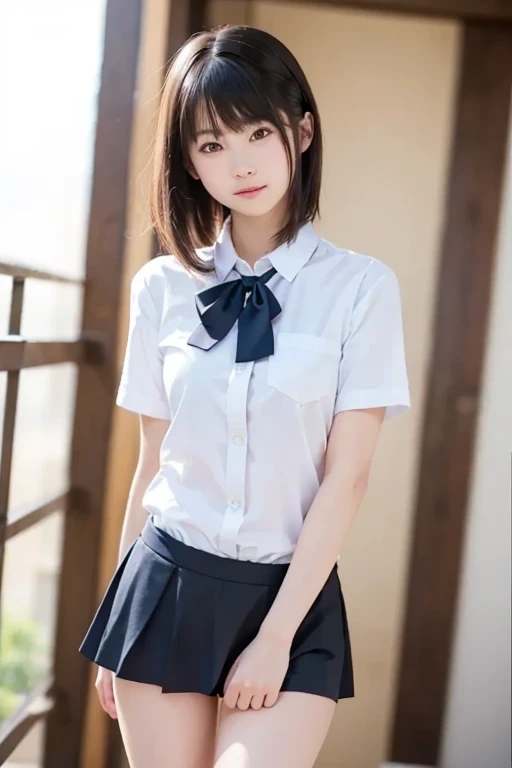 Woman in school uniform leaning on chair、((1 Japan schoolgirl posing 1.2))、Japan wearing school uniform、Japan wearing school uniform、Japan girl wearing school uniform、cute school girl、in uniform、Wearing summer clothes、In the classroom of the school、in class room、((Realistic light、top-quality、8K、masterpiece:1.3))、1girl in、Women in Japan、Slim Beauty:1.4、abdominals:1.1、(brown haired、middlebreast:1.3)、、ultra beautiful faces、Delicat eyes、二重まぶた、a smile、short-cut、shorth hair、fair white skin、huge tit、long lashes、((Pure white underwear 1.2))、((Navy Blue Socks 1.2))、1 girl in、((White short-sleeved blouse 1.2))、((High school girl in navy blue socks 1.2))、Gingham checked pleated skirt、skinny thigh、((Normal Japan High School Girl Uniform 1.2))、独奏、Two thin legs、Full body photo