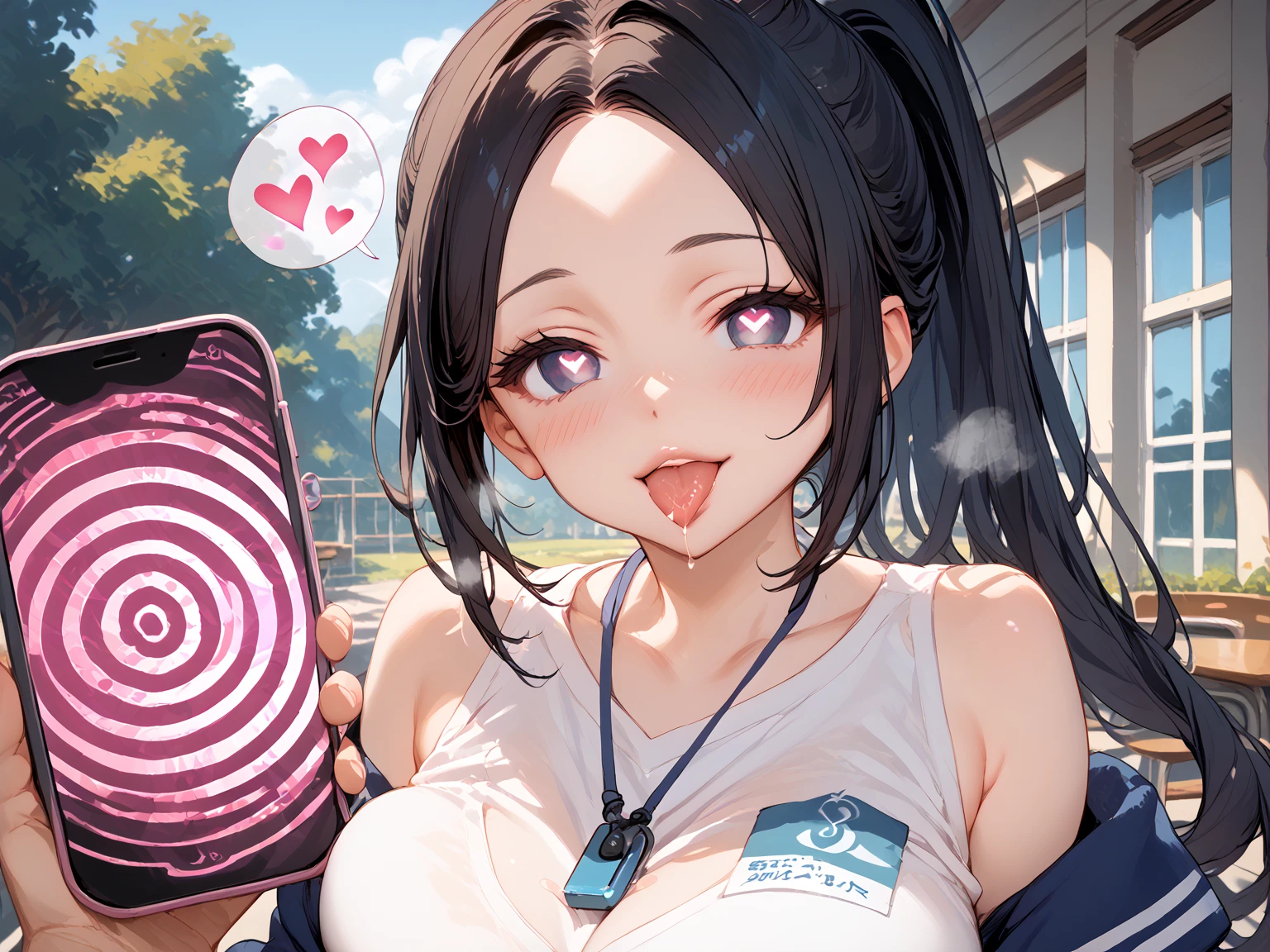Tazune rirei, nsfw, 8k, ultra-detailed, Masterpiece, best quality, perfect lighting, aqua eyes, black hair, side ponytail, (loli:1.3), (bukkake:1.5), (cum on face:1.5), (cum on hair:1.5), ((cum in mouth)), nipple peek, pink areola, 1girl, solo, day, street, looking at viewer, spoken heart, kids performance t-shirt, blue shorts, thigh-high socks, portrait, bokeh, blush, smile, ((closed mouth))