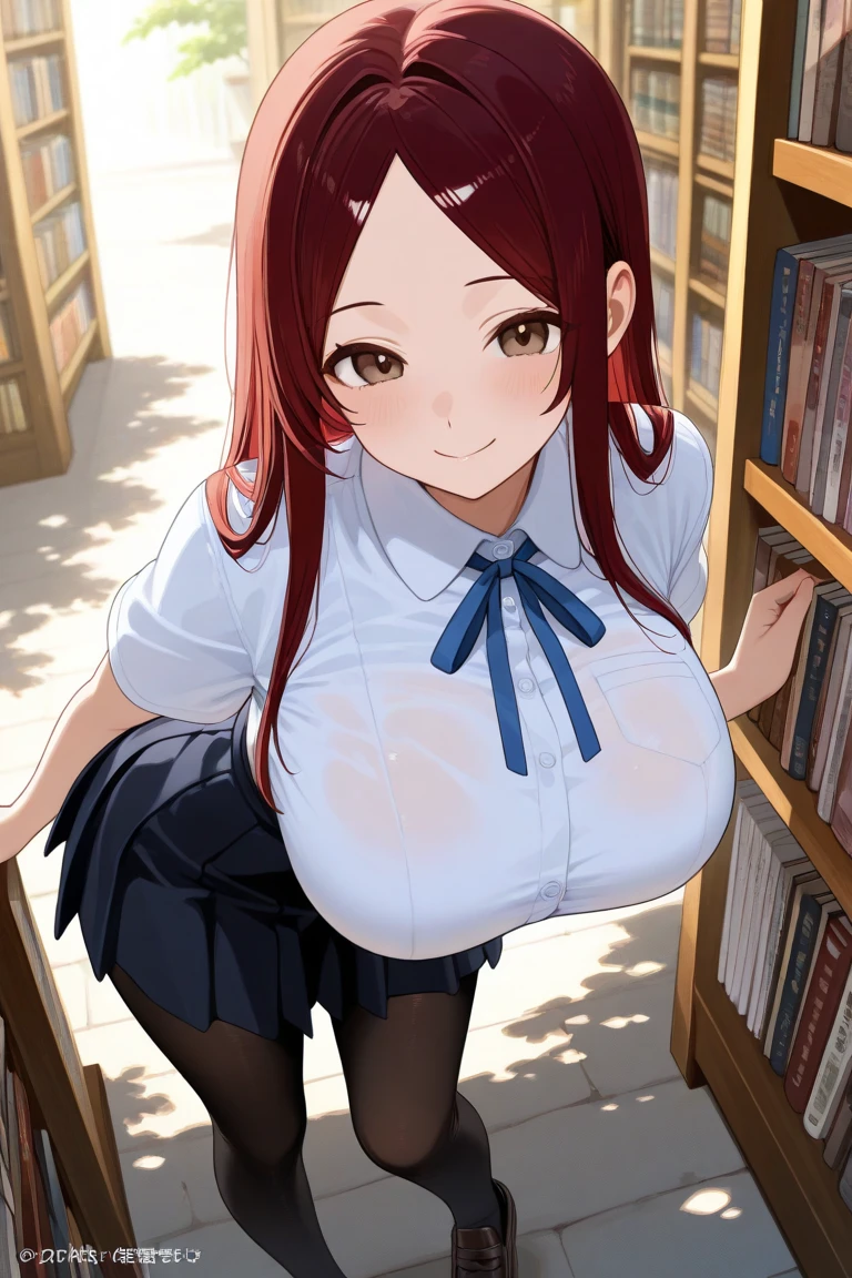 Anime style, Painting, absurderes、perfect anatomia、Nami、bra very、Bra visible from clothes、Braline、breastsout、Classroom、cleavage of the breast、鎖骨、desk、From above、big breasts, length hair, on desk, pleatedskirt, School Desk, student clothes, see -through, The shirt, sitting on, Sitting on a desk, skirt by the, 独奏, thighs thighs thighs thighs, red blush, ssmile