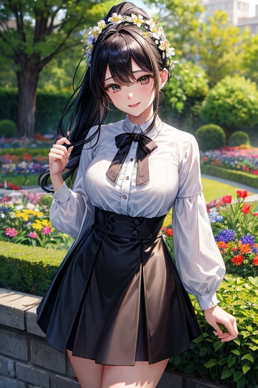 Red autumn leaves　Path in the woods　Pretty girl smiling　Black eyes　Long light blue hair　Autumn sunny　Yellow skirt flows　White blouses　Falling leaves flutter