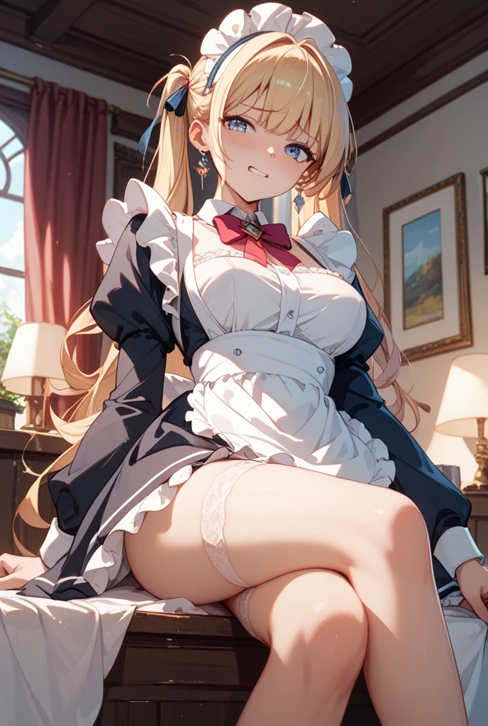 shinny skin, BREAK, ((alice in the wonderland:1.3, cute, kawaii, lovely, funny, a girl falling down from sky:1.3, girl flying in sky:1.4, girl floating in air:1.5, rolling upskirt by wind:1.6, (with sparkling eyes and a contagious smile),open mouth, Looking at Viewer, surprised, putting hands on crotch over the skirts:1.6)), BREAK, ((floating things as follows:1.3, PlayingCards, Trump, tea cup, tea pot, tea spoons, pocket watch:1.3, lip sticks, candies:1.2, cookies, jam bottles, classical door_keys)), ((long purply_Blue dress :1.5, wearing long flaired skirt:1.3, the skirt is blowing:1.3, cute pink Apron, black stocking:1.2,garter stocking, cleavage:1.2, midriff, black shorts, black thighhighs, thigh strap, medium long platinum-blonde hair:1.2, twin tail hair:1.6, tied hair with a large ribbon), (Blue eyes, bright pupils with highlights, detailed eyes),