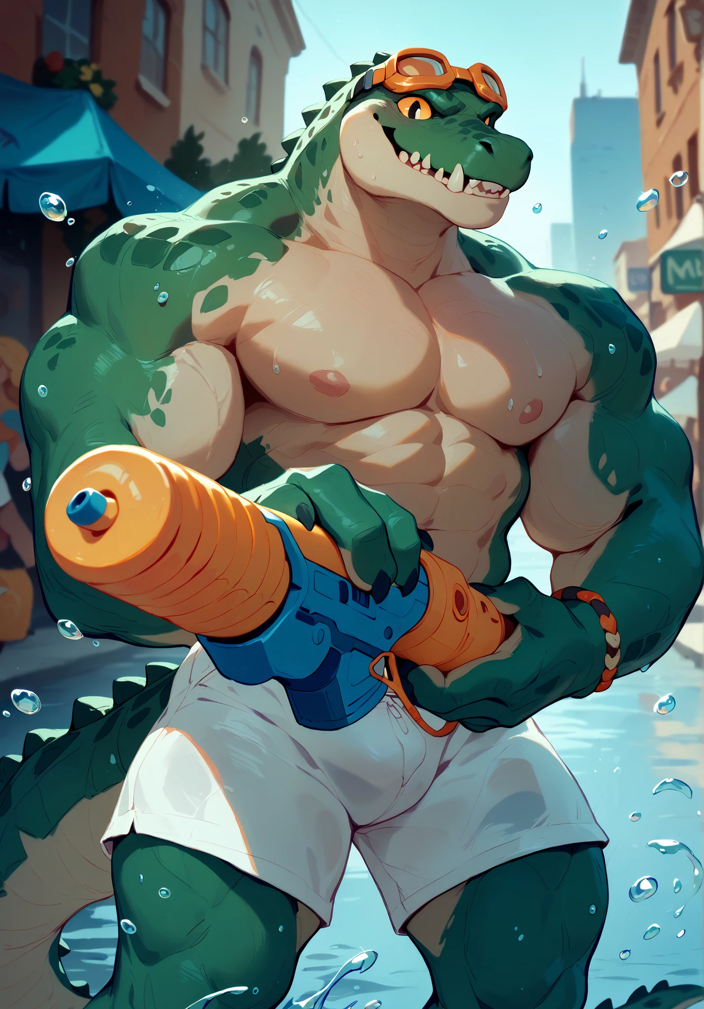 Best Quality,High Quality,ultra high resolution,Delicate Eyes, Exquisite Face ,splash water節,Crocodile, green skin ,Exquisite scale,ZHANG ZUI-CHUI,Brilliant smile,(Toy Water Gun),squirt,Water Drop,A lot of sweat,City Street,Land,大家splash water,(splash water),Orange goggles,Sincere Smile,No shirt,Chest muscles,nipple,Tail,Sheer White Shorts,Wet Panties ,Colored Rope Bracelet,Colored Rope Foot Ring,5 Fingers,paw,artist:Null-Ghost