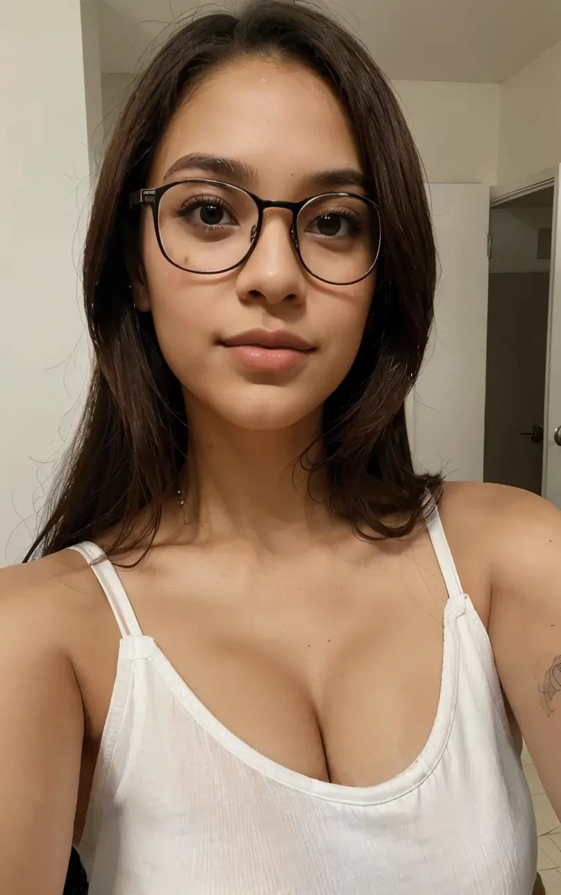 A girl with short hair (up to shoulders) and brown,hazel eyes,beautiful body and smile,with glasses 