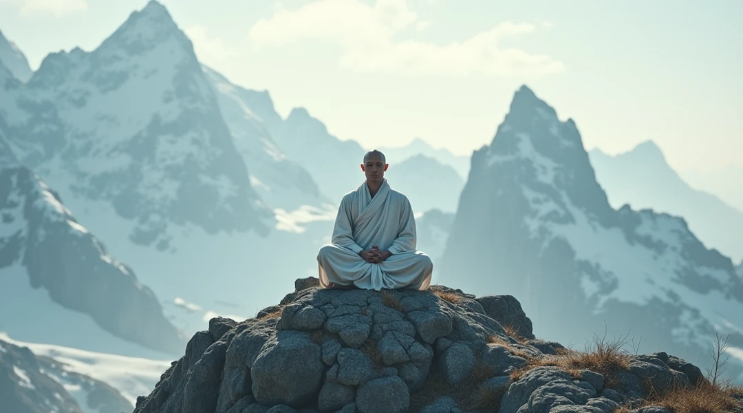 A full-fledged monk sits in a meditative position, Behold the beautiful horizon as the sun sets, Man has a deep connection with God, The scenery is well detailed, Homem ultra realista, tudo de bom,it's beautiful, hiper qualidade. Realismo 8k --auto --s2