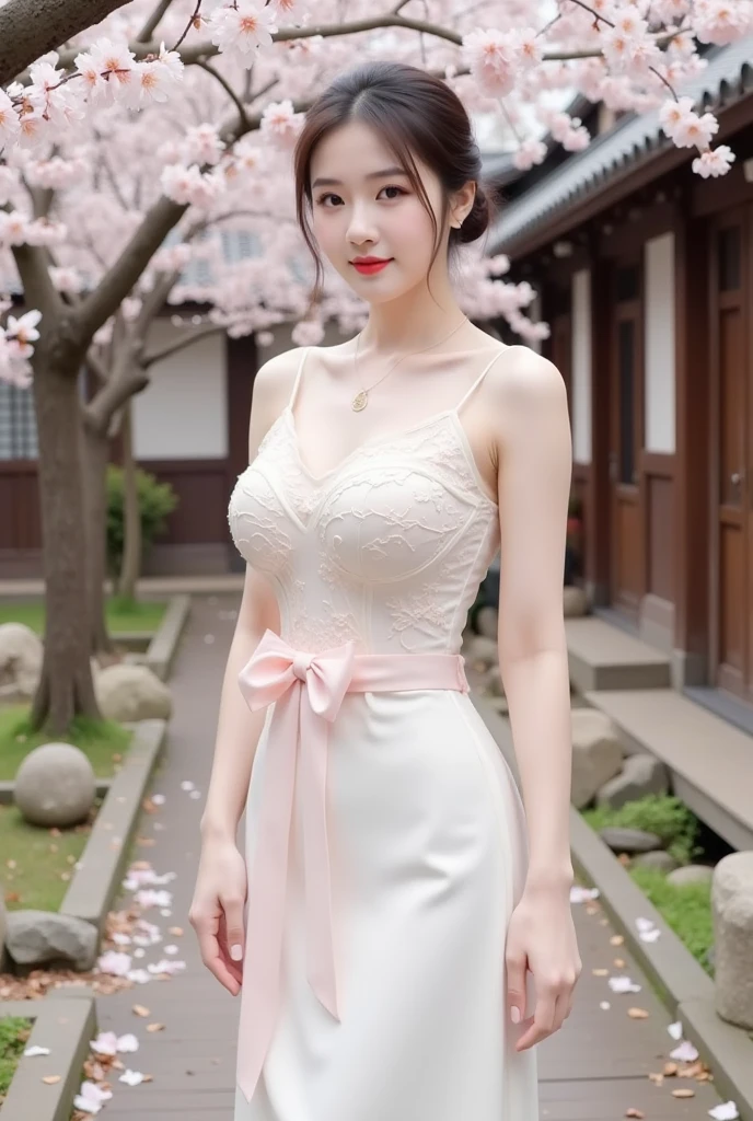 Beautiful Girl, Korean makeup, Red lips, smile lightly, Perfect body, big breasts, thigh, Ball Gown costume, View of the Japanese Manor, cherry blossom tree, grass,