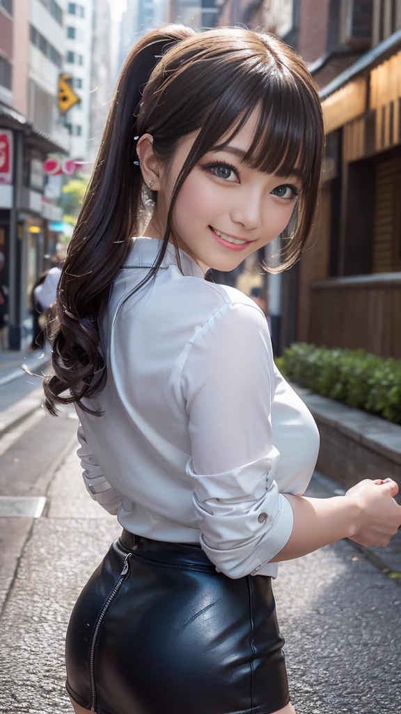 ((top-quality、masutepiece、hight resolution))、(Zoom photo from the front:1.95、Pose inviting a man、On the street at night、semi long hair、A dark-haired、Small cleavage、Cute smile:1.45)、1 high school girl、kawaii faces、Black tights、(((high-school uniform)))