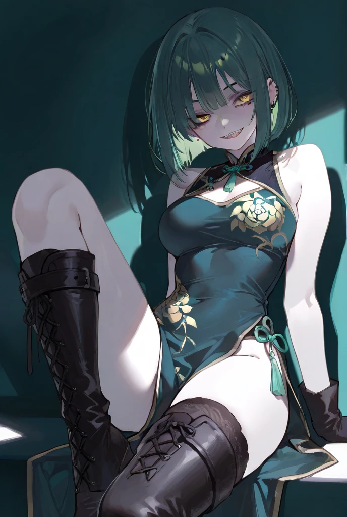 source_anime, full body, 1boy, solo, cute, 18year old, Slender, flat chest , dark Green Hair, straight hair, short hair, futanari
