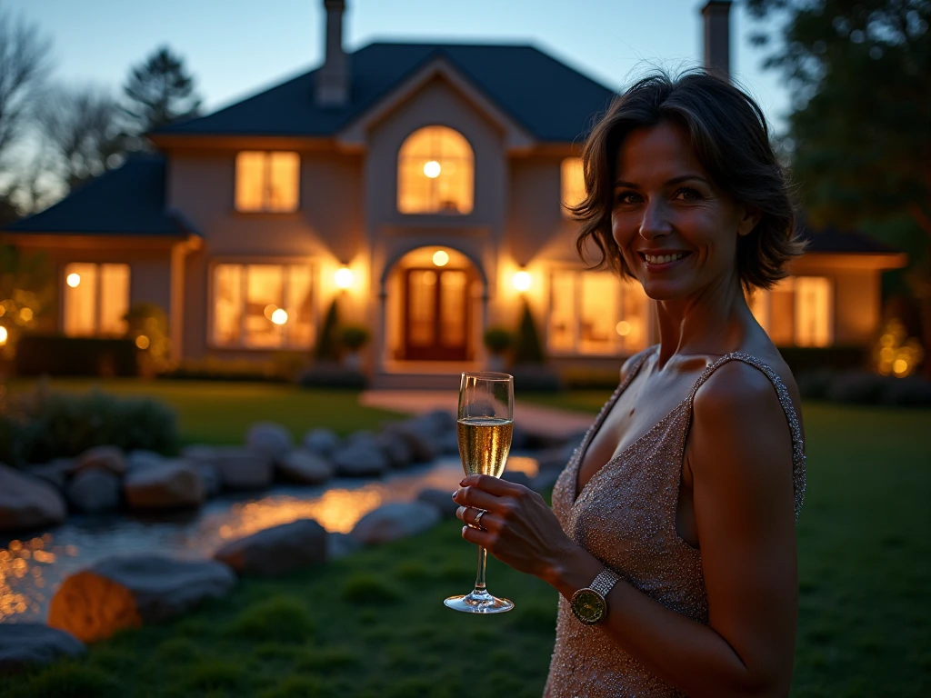 alice02 standing in a moonlit park wearing little high heels and dark elegant long halterneck evening gown, holding a single small glass of champagne, nighttime, night sky