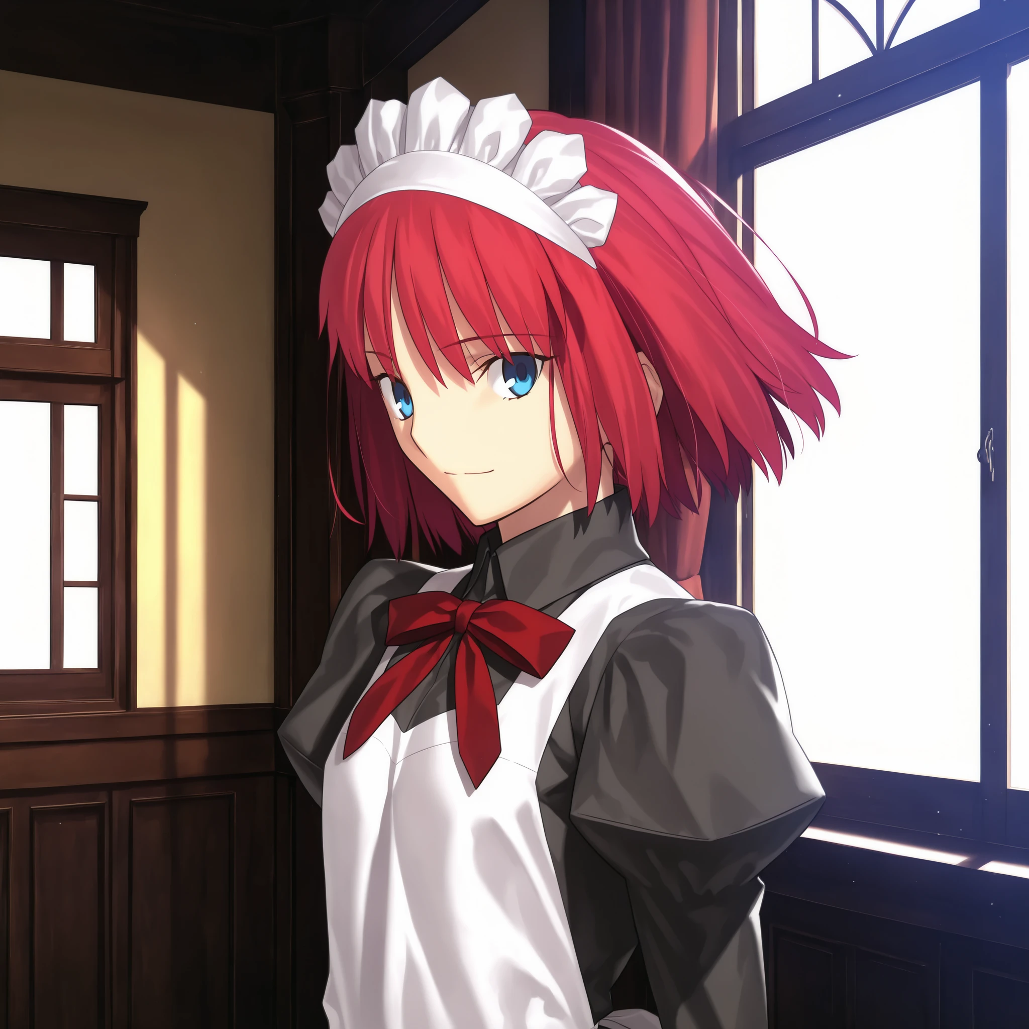 masterpiece, , absurdres, highres, detailed background, high resolution, masterpiece, necessary, detail, best quality, quality, necessary, details, High details, Precise, dark, indoors, , day,  close up face,                                             
                                                                                                                                                                                                                         1girl, , Takeuchi Takashi (type-moon,tsukihime) style, takeuchi takashi style, , listening, very light smile, 
   
girl, (hisui (tsukihime), light blue eyes,  red hair, short hair, bob cut, maid headdress, neck ribbon, red ribbon, juliet sleeves, maid, maid apron, collared dress), (tsurime), upturned eyes, (  ), floating hair ,  expressionless, ,
(black dress shirt, white apron), , dark red ribbon, small breast, flat chest, , looking back, , 