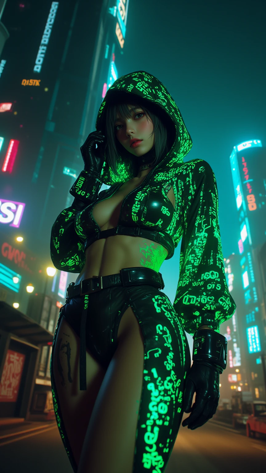 Cyberpunk, dress with keyhole_cleavage, Safe For Work, Woman, street worker, Cyberpunk street in background, brightly colored clothing, ethnically European, sexy clothing, neon colored clothing, Keyhole_cleavage dress, nicely detailed, sharp focus, neon green clothing, neon yellow clothing, neon pink clothing, dyed bright blue hair, wearing a short and open coat
