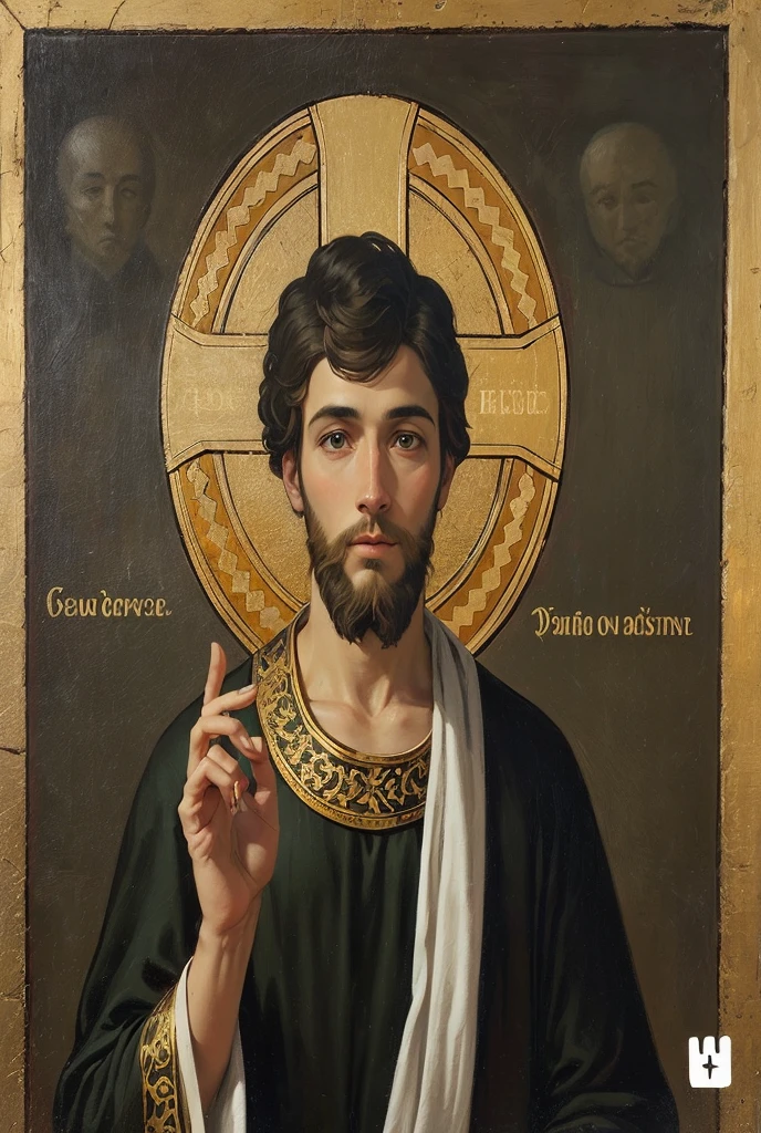 The image is a close-up portrait in the style of a religious icon, depicting a man with shoulder-length brown hair, a short brown beard, and light eyes. He has a golden halo encircling his head, suggesting a saintly figure within a Christian tradition.
He is wearing a dark green outer garment with intricate gold trim featuring cross-like designs. Underneath, he appears to be wearing a lighter-colored robe or tunic. His right hand is raised with the index finger pointing upwards, a gesture that can have various symbolic meanings, including blessing or teaching.
In his left hand, he holds a decorated egg. The egg is light-colored with ornate gold detailing and a small golden cross on top. The background is a gradient of light blue at the top transitioning to a warmer, slightly yellowish tone towards the bottom.
The overall style is reminiscent of Byzantine or Eastern Orthodox iconography, with a focus on symbolic representation and a somewhat stylized depiction of the figure.