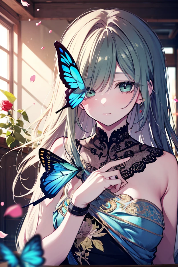 natural lighting, gentle smile, upturned cheeks, squinted eyes, half up-do, floating hair, coquettish hair, slightly shining hair, dress, silk, satin, gloss, luster, see through, 1girl, solo, crystal, glassy gloss, amorphous dress, fire fly, lighting fly, butter fly, morpho, jewelry, ornaments, antique, dusk, twilight, high saturation, warm color, flowers, alchemist, laboratory, fantasy costume,