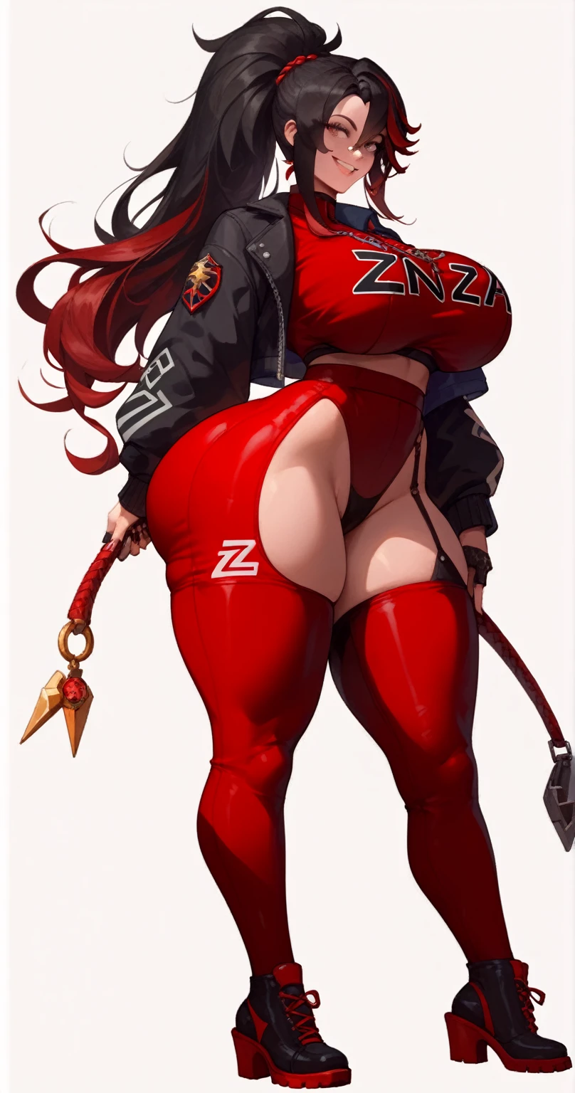 1girl, solo, height difference, short sleeve hoodie, black fingerless gloves, breasts, wide hips, blush, blushing, thick thighs, night, cross necklace, heart eyes, full body shot, horns on head, demon tail, black white and red outfit, red black and white background colors, white hair, tomboy, short hair, smiling, sneakers, running shoes, booty shorts, exposed thigh, exposed calves, green eyes, black hair, viewing from below, thick thighs, shortstack, knee socks, exposed stomach