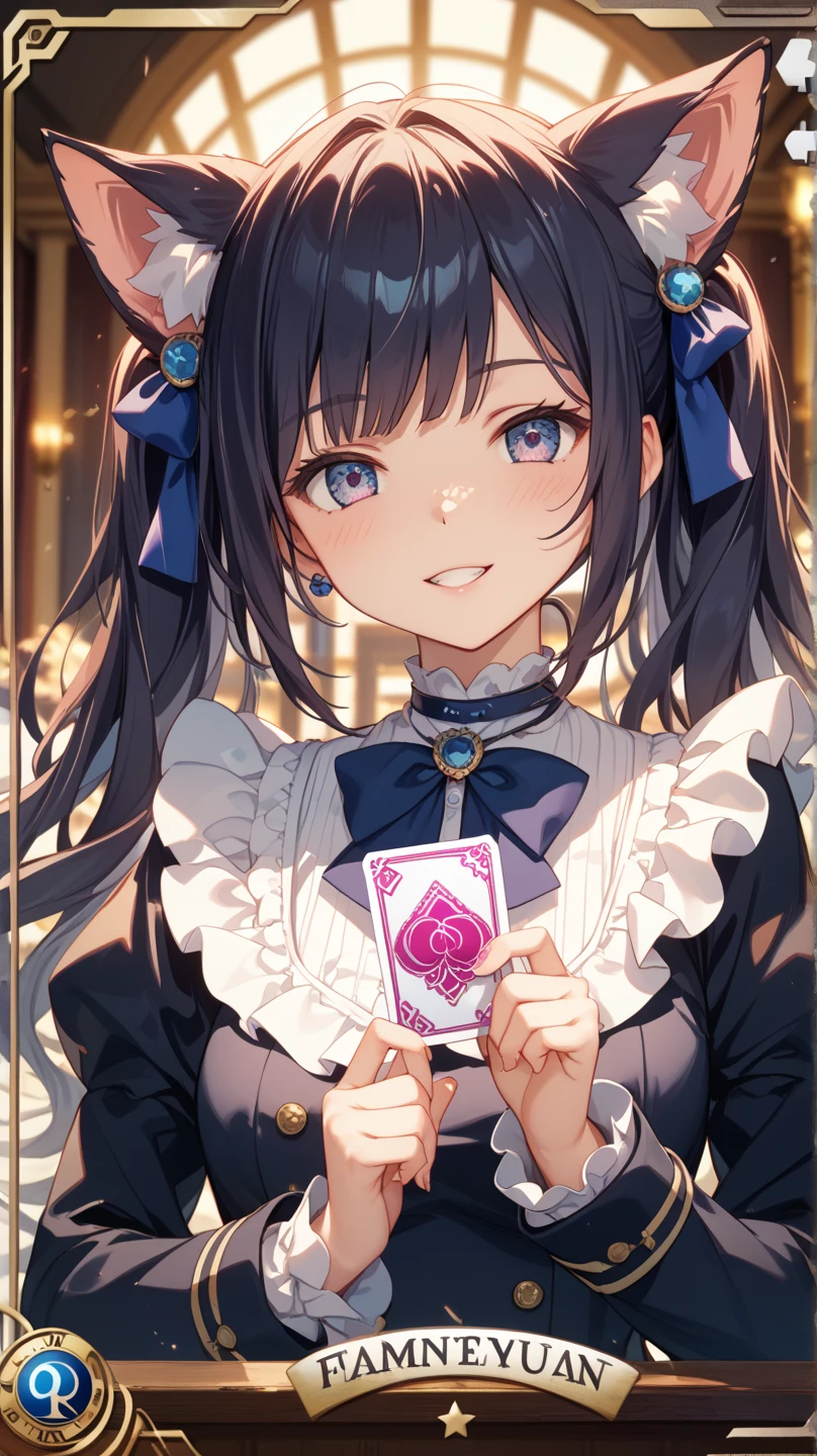 ( anime artstyle , Masterpiece , Best Quality , Super Detail:1.1 ), 1girl, solo, dynamic shot, mischievous, charismatic, detailed face, sparkling eyes, a hint of mischief in her smile, confident and cunning, youthful and vibrant, tousled hair with colorful streaks, dressed in a stylish and mysterious outfit, a tailored black suit adorned with intricate patterns of playing cards, fingerless gloves with hidden compartments, a top hat tipped to the side, a deck of cards held expertly in her hand, each card seemingly alive with its own personality, her fingers dancing across the cards with skill and precision, as she weaves a web of illusion and deception, her voice smooth and persuasive, captivating her audience with her witty banter and clever wordplay, surrounded by an array of magical objects and props, a smoke-filled stage filled with anticipation, a crowd of amazed onlookers watching in awe, a sense of wonder and excitement in the air, a true master of both magic and trickery