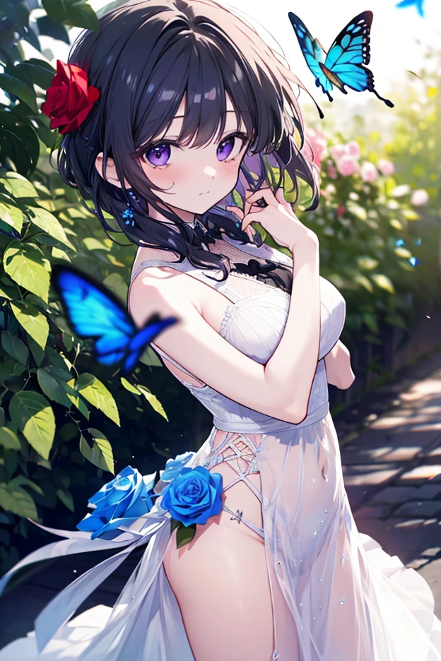 with short black hair,Flowers in hand,比基尼,butterflys,Lace butterfly,jungles