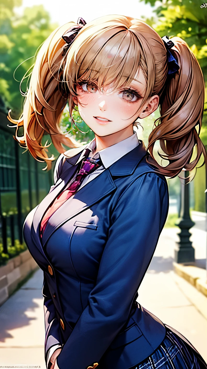 (masterpiece:1.3, Highest Quality, ultra high resolution, Super Details), (realistic, photorealistic:1.3), beautiful illustration, perfect lighting, natural light, colorful, depth of field, 2025's         , , 
Beautiful Delicate Hair, beautiful detailed face, Beautiful Tourist Destination Details, (perfect anatomy, anatomically accurate, Super Detailsスキン), Pink Skin, About, 
stares at viewers, (face focus, upper body), 1 GIRL ON BREAKDAY, high school girl, cute and symmetrical face, perfect face, perfect eyes, perfect body, babyface, cute face:1.2, Tiny, 
(middle hair, twin tails, LONG SIDE LOCK, light brown hair),   Jewelry that accentuates her bang  , orange eyes, big eyes, long eyelashes, (Medium Bust, narrow west         , Sensual Thighs), skin dentation, 
(detailed fabric texture), 40s ((uniform, dark blue plaid pleated skirt, long sleeve, dark blue blazer)), 40s ((dark green plaid tie)), 40s (white collared shirt), 40s school bag, 
(beautiful scenery), summer, evening, Detailed Background, (school gate:1.5), walk, (pose with movement), (    彼女の 彼女の 彼女の 彼女の 彼女の highlight her sexy breasts        、    彼女の 彼女の 彼女の 彼女の highlight her sexy breasts       、    彼女の 彼女の 彼女の highlight her sexy breasts      、    彼女の 彼女の highlight her sexy breasts     、    彼女の highlight her sexy breasts    、    highlight her sexy breasts   、   highlight my sexy breasts  、   let me eat 、 nice smile, Shy Butts, , parted lips),