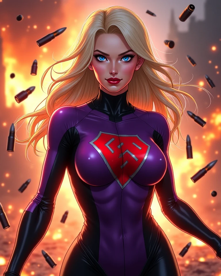 (goth:1.2), (full body), (goth Supergirl, long blonde hair, latex cape, latex pleated miniskirt, latex gloves, goth choker, fishnets:1.2), (shiny glossy translucent clothing, gleaming oily latex fabric:1.1), gloomy lighting, (glossy black lipstick, eyeshadow, goth makeup:1.2),
