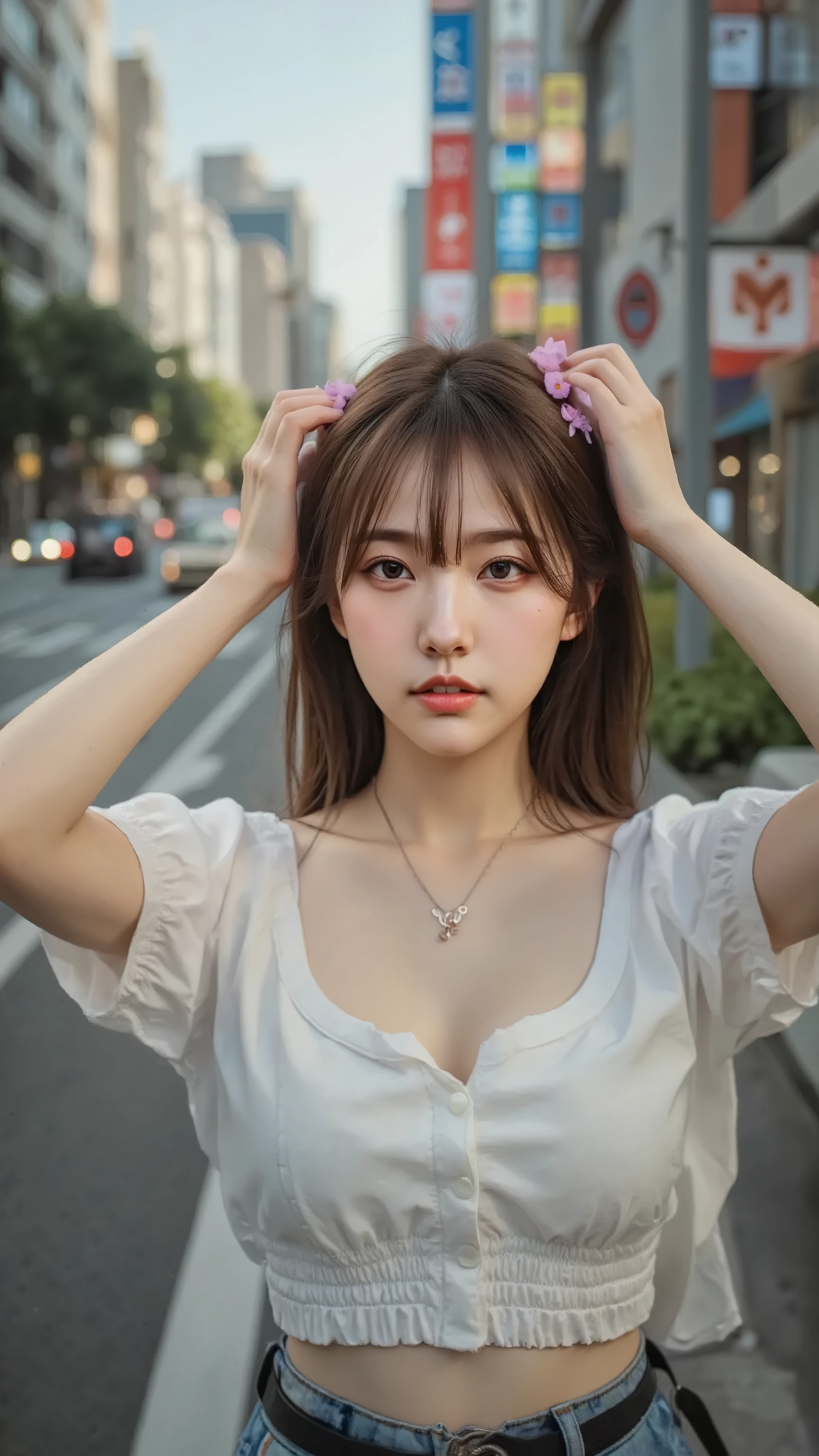 masterpiece, best image quality,Photorealistic,8k original photo,Midjourney style,, high resolution, Wide angle photo, A pretty Korean girl standing in downtown Tokyo. There are cinematic lights and the girl is putting flowers on her head.. A colorful paper airplane must fly around it.