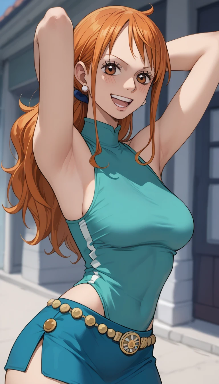 score_9, score_8_up, score_7_up, source_Anime Top Quality、8k、 masterpiece、super high accuracy、 natural light、perfect anatomy、one woman、medium breasts、((saggy breasts:1.4))、one piece、nami、orange hair、( Happy Expression )、sleeveless rib knit that rubs your chest with both hands、((High Neck))、tight pencil skirt、the descendants of moaning、raise arms to show armpits、Photographing the upper body