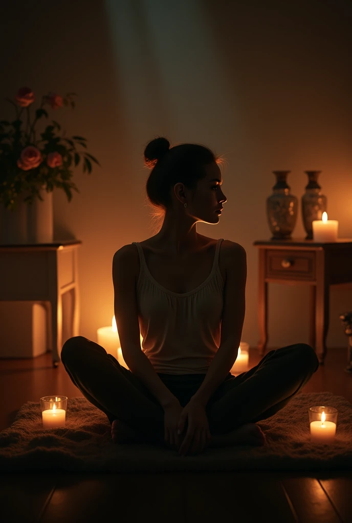 26y old women, sporty, fit, very beautifull, naked, big round breasts, naked, oiled body, wet body, naked, sweat, sitting in lotus pose on the eastern pillow, eyes closed, head slightly up, moth slightly opened, state of ecstasy, lots of carpets on the floor, large amount of pillows around, curtians, candles, esoteric, dark room, dark magical atmosphere, dark shaded backgorund, candle light