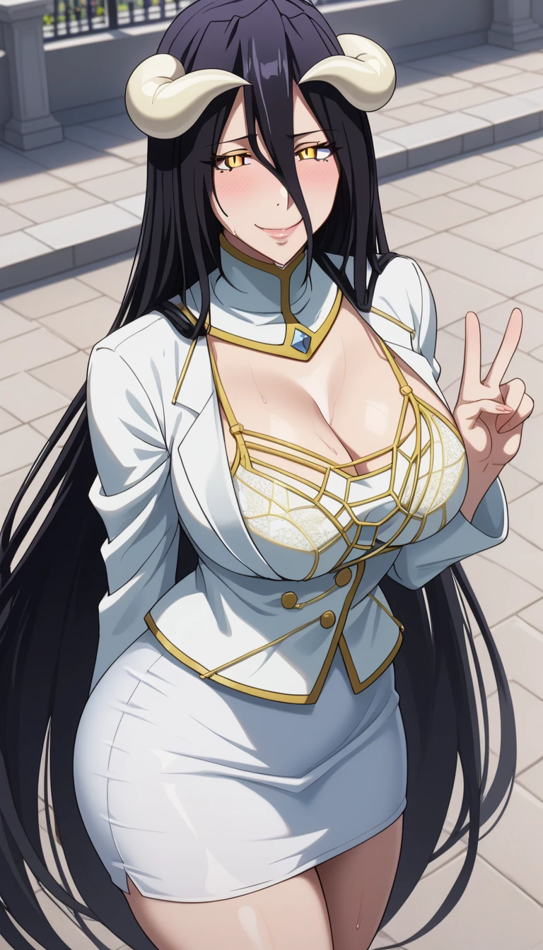 mature women,milf,large breast,beautiful face,long hair, shiny hair, green eyes,high detailed,black hair, hair over one eye,masterpiece,perfect anatomy,sexy smile, deep cleavage,maid outfit,date event,looking at espectator,dynamic pose,