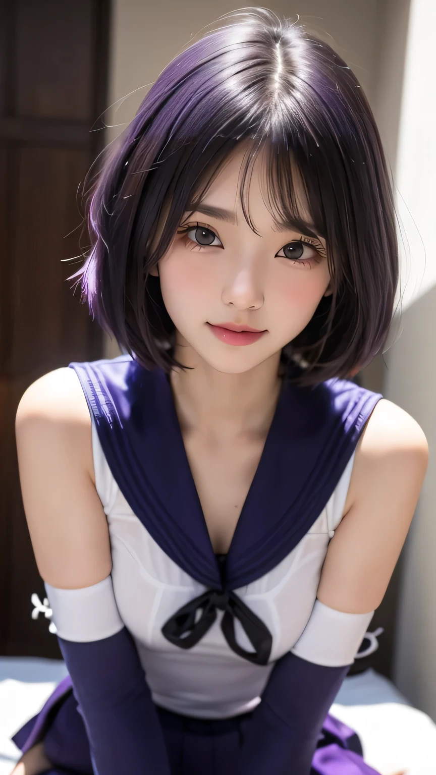 ((( Highest Quality ))), (( masterpiece)), ( details),(((Prison background ))), (((((( HotaruTomoe, (sailor Saturn , purple hair, short hair, elbow gloves, neck ribbon, bangs, long hair, circlet),skirt))))))), ((( slender body, Big Breasts , Cleevidge, Wide range,big ass,Round and soft ass, thighs, Continue reading ))), (( Camel Toe, Camel Toe ,from below, low angle)),(( growing skin, white skin, growing skin)), Mysterious Light, ((( well-prepared face ))), (( big eyes)), (((((( dull eyes )))))), (( random angles )), Fully effective , eyeshadow , Pink Cheek, earrings, necklace,(((( Dynamic Sexy Poses:1.3 )))), the whole body is connected by chains,bound arms,arms behind back, bed-like background ,Wide Legs Open,raising one leg,